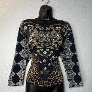 Vintage Floral Top Womens Size L paisley  Black Fairy 3/4 sleeve Grunge 90s Y2K